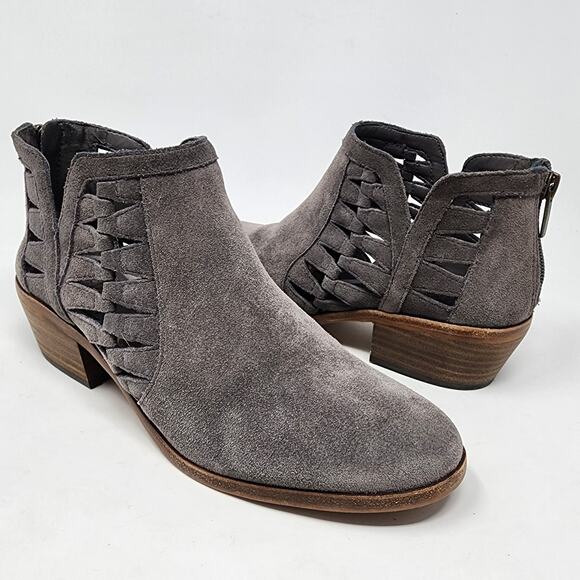 Vince Camuto Ankle Booties Women 7.5M Peera Grey Suede Cutouts Heel Zip - Picture 2 of 10